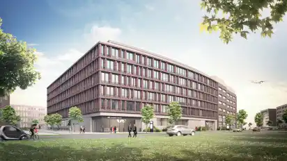 Erweiterungsbau in der Airportstadt: So soll das Bürogebäude einmal aussehen. Die ersten Mieter sollen 2023 einziehen.