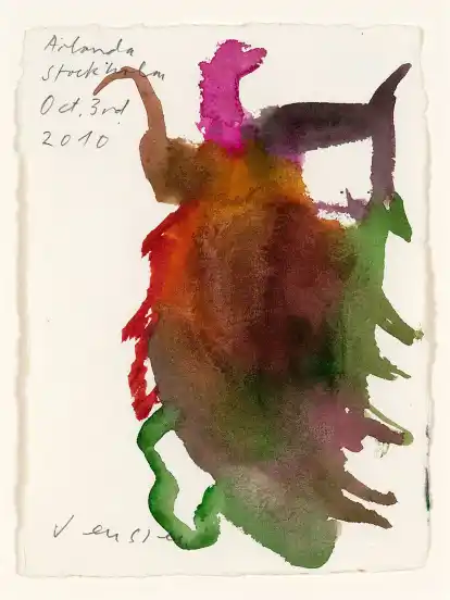 Raum für die eigene Poesie, den lassen die Aquarelle von Olav Christopher Jenssen zu. Was ist das also für eine Figur? Vielleicht der Flughafen-Zöllner? Ein gut gelauntes Kerbtier? Oder gar ein Corona-Otto? Oder ist es einfach ein bunter Tuscheklecks?