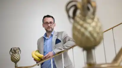 Die Ananas aus Messing im Fruchthof erinnert an die ursprüngliche Bestimmung des Gebäudes am Breitenweg, das André Fuchs derzeit häufig besucht.