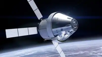 Künstlerische Darstellung des Orion-Raumschiffs der Nasa mit Crew-Modul (vorne) und dem Europäischen Service-Modul ESM (hinten).
