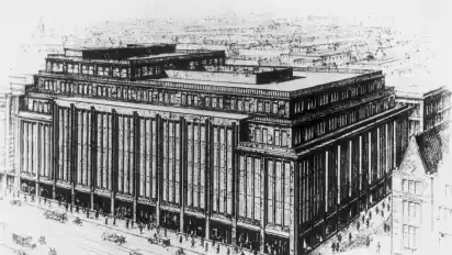 Die Entwurfszeichnung der Architekten Wilhelm Behrens und Friedrich Neumark für das Karstadt-Haus in der Obernstraße aus dem Jahr 1932.