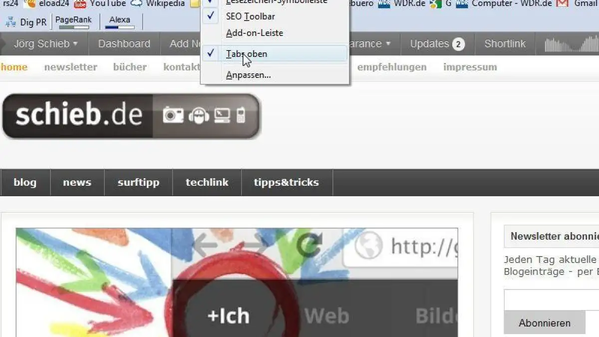 Kleines Männchen In Der Navigationsleiste Der Startseite Tabs unter der Navigationsleiste anzeigen