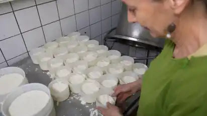 In der Käserei portioniert Catherine André den kleinen, runden Ziegenfrischkäse.