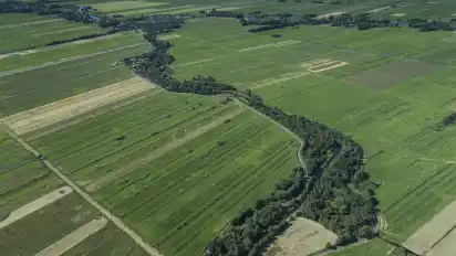 Durch das Blockland schlängelt sich malerisch die Wümme. Ein Deich verhindert, dass sie die Marsch beiHochwasser überflutet.