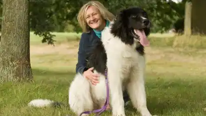 Wenn sich Barbara Pluta hinter ihren Hund Gandolf hockt, dann verschwindet sie fast. Am heutigen Sonnabend werden die beiden mit Tochter und Enkelin das erste Mal zu einer Hundeschau gehen. Was sie dort erwartet, das weiß Pluta noch nicht so genau.