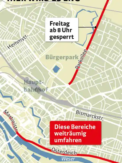 Freitag ab 8 Uhr wird die Parkallee gesperrt. Straßen direkt an der Weser sollten weiträumig umfahren werden.