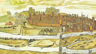Ein Stich von 1667 zeigt das Stadtbild von 1663: Die Mauer zwischen Norder- und Süderstadt wurde 1676 beseitigt.
