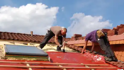 Ein Marder hat dem Dach des Kindergartens Wallhöfen übel mitgespielt. Zimmerleute räumen nun hinter dem Tier auf und sorgen dafür, dass es nicht mehr aufs Dach kommt.