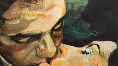 Cornelia Schleimes Acryl- und Lack-Gemälde „Der Kuss“ (2007) aus der Serie „Love Affairs“ könnte der Szene eines Hollywood-Klassikers entsprungen sein. Das große Format macht einen eigentlich intimen Moment zu einem Klischee.