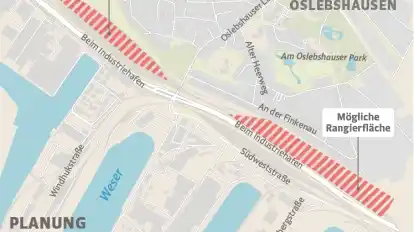 Auf diesem Gelände in Oslebshausen könnte die Bahnwerkstatt entstehen, in der ab Ende 2024 Züge für den Regionalverkehr im Nordwesten gewartet werden sollen.