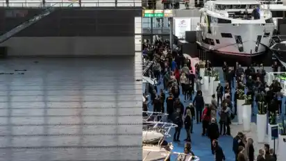 Die leere Halle 6 der Messe Düsseldorf (l) und dieselbe Halle am 18.01.2020 während der Wassersportmesse "boot". Foto: Bernd Thissen/dpa