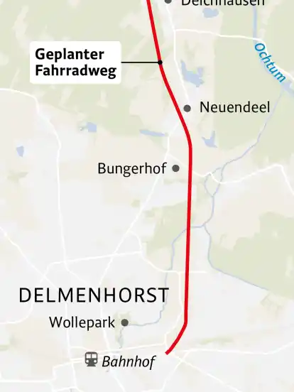 Die rote Linie zeigt den Verlauf der Bahntrasse, die Delmenhorst zu einem Radweg umbaut.