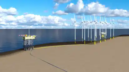 Blick in die Zukunft: So sieht die Gas-Plattform auf niederländischer Seite im Modell aus – mit einem Stromversorgungskabel vom deutschen Windpark Riffgat.