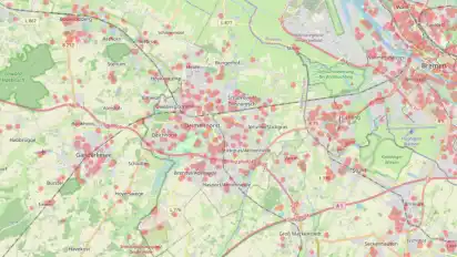 Die Bubatzkarte für Delmenhorst: Rot markiert sind die Orte, an denen aufgrund der Gesetze das Konsumieren von Cannabis auch ab dem 1. April verboten sein wird.