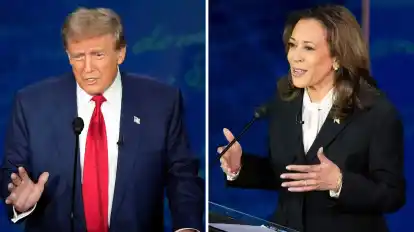 Diese Fotokombination zeigt den republikanischen Präsidentschaftskandidaten und ehemaligen US-Präsidenten Donald Trump (l) und die demokratische Präsidentschaftskandidatin und US-Vizepräsidentin Kamala Harris während der Präsidentschaftsdebatte im National Constitution Center.