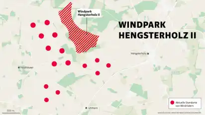 Windräder gehören in Hengsterholz bereits seit vielen Jahren zum Landschaftsbild. Nun möchte eine Vereinigung von Grundeigentümern auf einer 62 Hektar großen Fläche sechs weitere errichten.