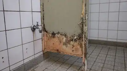 Nahezu alle Fugen und Stellwände in den Duschen sind mit Schimmel überzogen.
