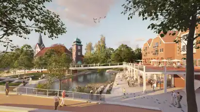 Das Büro Schramm und Partner hat den Siegerentwurf für die Umgestaltung des Scharmbecker Bachs eingereicht. Die Stadtplaner aus Bremen wollen das Erdgeschoss des Hauses am Markt in den Mittelpunkt für Gastronomie rücken.