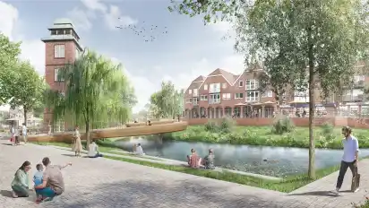 Den Planern von Club L 94 Landschaftsarchitekten schwebte eine geschwungene Holzbrücke über den Bach vor. Für diesen Entwurf verteilte die Stadt Osterholz-Scharmbeck eine Anerkennung.
