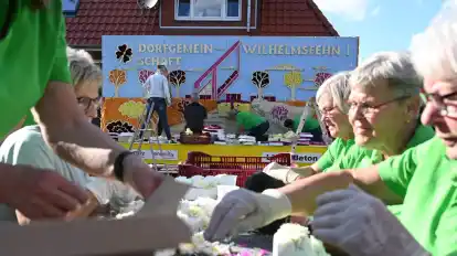 Viele Ehrenamtliche stecken Dahlien, um damit die Motivwagen zu schmücken.